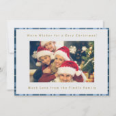 かわいい青いギンガムプレイドファミリーフォトクリスマス シーズンカード (正面)