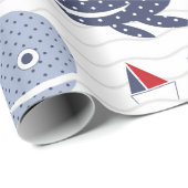 かわいい青いクジラと船の航海の模様 ラッピングペーパー (ロールコーナー)