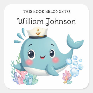 かわいい青いクジラの図書ラベル スクエアシール