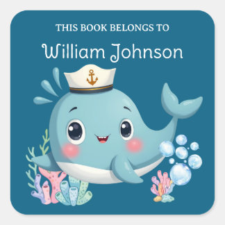 かわいい青いクジラの図書ラベル スクエアシール