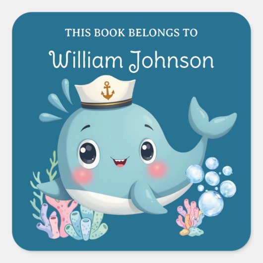 かわいい青いクジラの図書ラベル スクエアシール (正面)