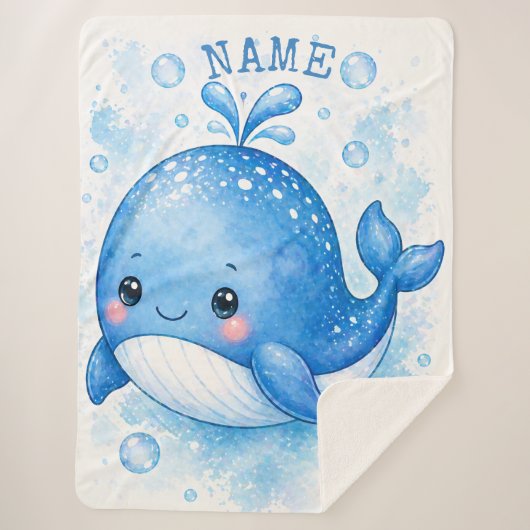 かわいい青いクジラの水彩画  シェルパブランケット (正面)