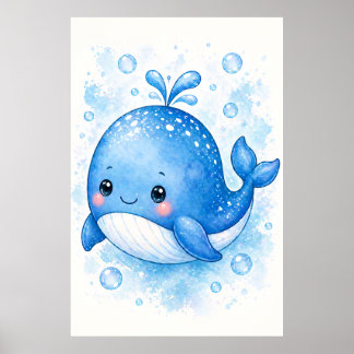 かわいい青いクジラの水彩画 子供部屋の壁画 ポスター