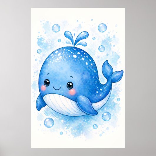  かわいい青いクジラの水彩画　子供部屋の壁画 ポスター (正面)