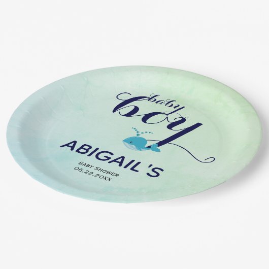 かわいい青いクジラの海をテーマにした赤ちゃんシャワー ペーパープレート (アングル)