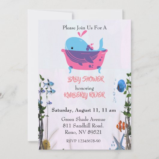 かわいい青いクジラの赤ちゃんシャワー 招待状 (正面)