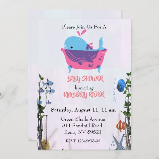 かわいい青いクジラの赤ちゃんシャワー 招待状 (正面/裏面)