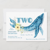 かわいい青いクジラの黄色の花の2歳の誕生日パーティー 招待状 (正面)