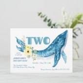 かわいい青いクジラの黄色の花の2歳の誕生日パーティー 招待状 (スタンド正面)
