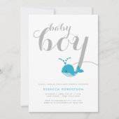 かわいい青いクジラタイポグラフィ男の赤ちゃんシャワー 招待状 (正面)