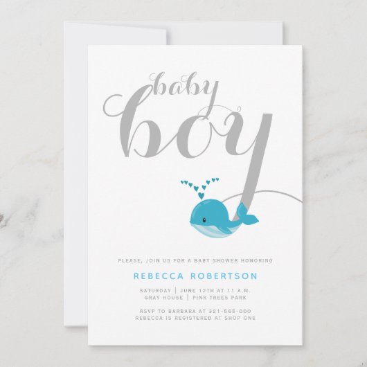 かわいい青いクジラタイポグラフィ男の赤ちゃんシャワー 招待状 (正面)