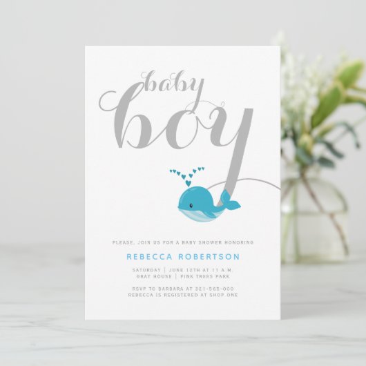 かわいい青いクジラタイポグラフィ男の赤ちゃんシャワー 招待状 (スタンド正面)