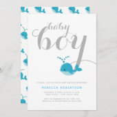 かわいい青いクジラタイポグラフィ男の赤ちゃんシャワー 招待状 (正面/裏面)