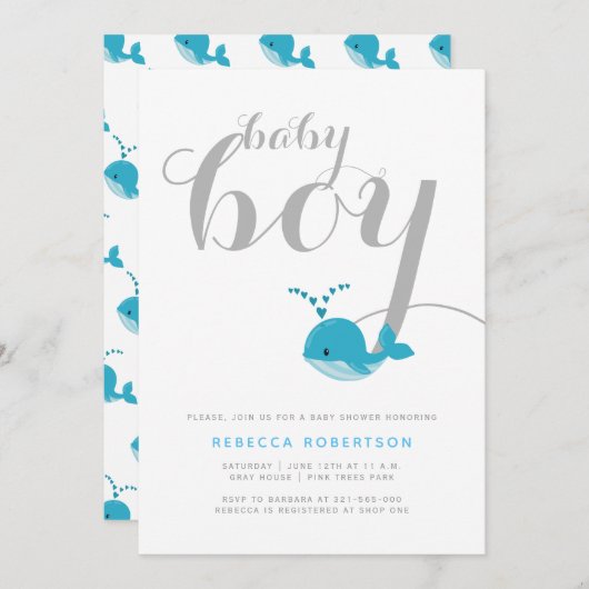 かわいい青いクジラタイポグラフィ男の赤ちゃんシャワー 招待状 (正面/裏面)