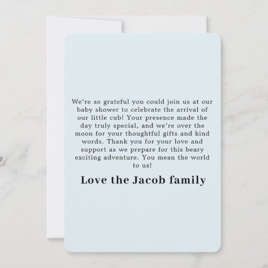 かわいい青いクマの感謝ベイビー発表 招待状 (裏面)