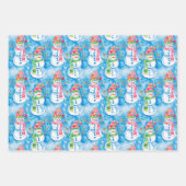 かわいい青いクリスマスの水彩雪だるま ラッピングペーパーシート (正面2)