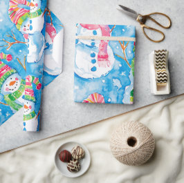 かわいい青いクリスマスの水彩雪だるま ラッピングペーパー