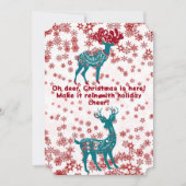 かわいい青いクリスマスツリーのトナカイ 赤い雪の結晶 白 シーズンカード (正面)