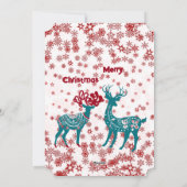 かわいい青いクリスマスツリーのトナカイ 赤い雪の結晶 白 シーズンカード (裏面)