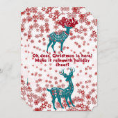 かわいい青いクリスマスツリーのトナカイ 赤い雪の結晶 白 シーズンカード (正面/裏面)