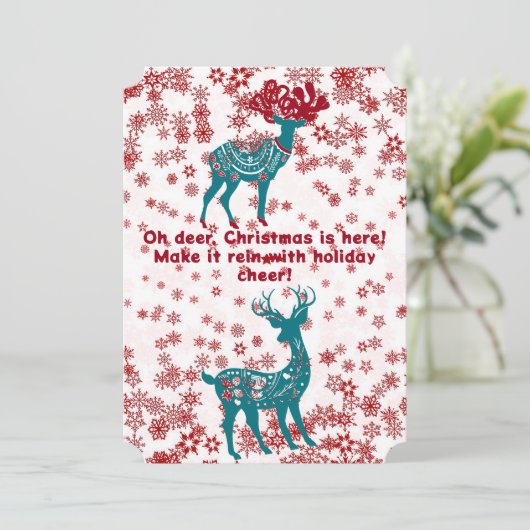 かわいい青いクリスマスツリーのトナカイ 赤い雪の結晶 白 シーズンカード (スタンド正面)