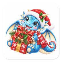 かわいい青いクリスマスドラゴンシール
