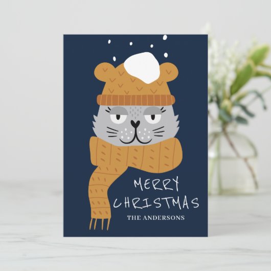 かわいい青いクリスマス猫 シーズンカード (スタンド正面)