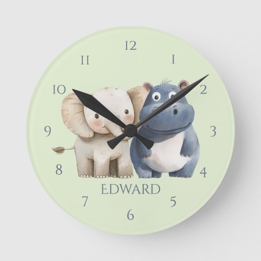 かわいい青いサファリカバ&象の壁掛け時計 ラウンド壁時計 (正面)