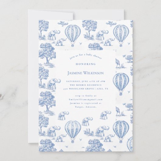 かわいい青いサファリベイビーシャワー 招待状 (正面)