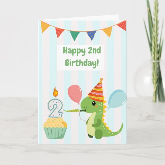 かわいい青いストライプの2歳の恐竜の誕生日カード カード (正面)