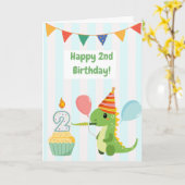 かわいい青いストライプの2歳の恐竜の誕生日カード カード (黄色い花)