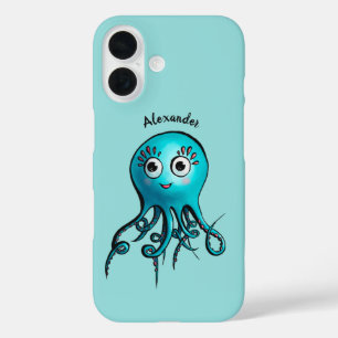 かわいい青いタコのキャラクター - 笑顔の海の生き物 iPhone 16ケース