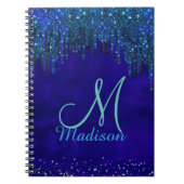 かわいい青いターコイズのユニコーンのグリッタードリップス モノグラム ノートブック (正面)