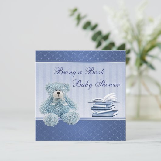かわいい青いテディエレガントーが本のベビーシャワーを持って来る 招待状 (スタンド正面)