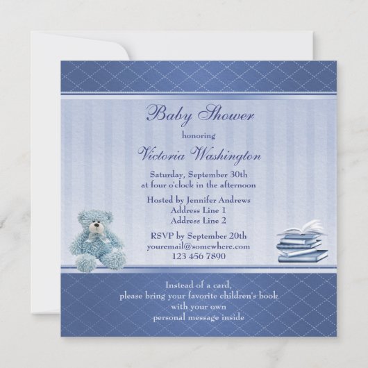 かわいい青いテディエレガントーが本のベビーシャワーを持って来る 招待状 (裏面)