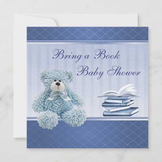 かわいい青いテディエレガントーが本のベビーシャワーを持って来る 招待状 (正面)