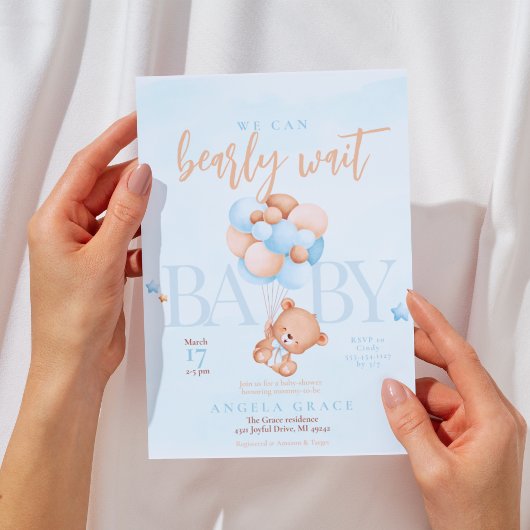 かわいい青いテディベアのベビーシャワー 招待状