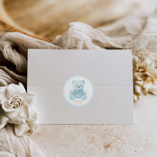 かわいい青いテディベア ありがとう ラウンドシール
