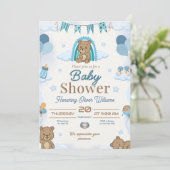 かわいい青いテディベイビーシャワーの編集可能デザイン 招待状 (スタンド正面)