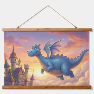 かわいい青いドラゴンのファンタジー・スロー・ピロー 吊り下げ型タペストリー
