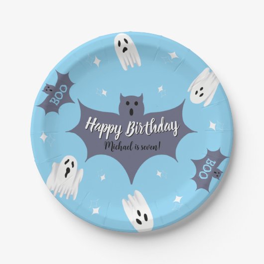 かわいい青いハロウィンお誕生日会 ペーパープレート (正面)