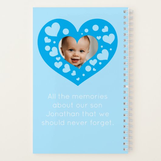 かわいい青いハートの赤ちゃん男の子の写真フレーム記念品 ノートブック (裏面)