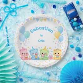 かわいい青いパステルベビーベアの誕生日パーティー ペーパープレート