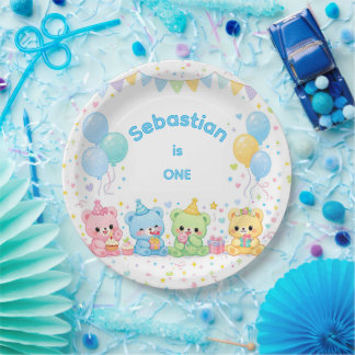 かわいい青いパステルベビーベアの誕生日パーティー ペーパープレート