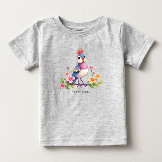 かわいい青いピンクの鳥の花柄ベビーTシャツ ベビーTシャツ (正面)