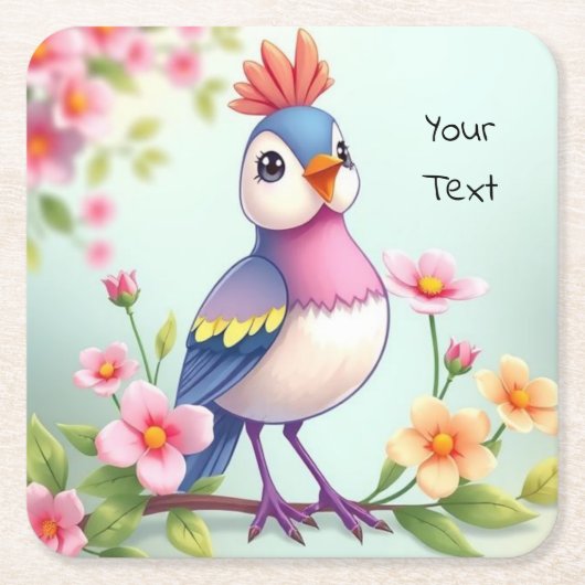 かわいい青いピンクの鳥の花柄紙コースター スクエアペーパーコースター (正面)