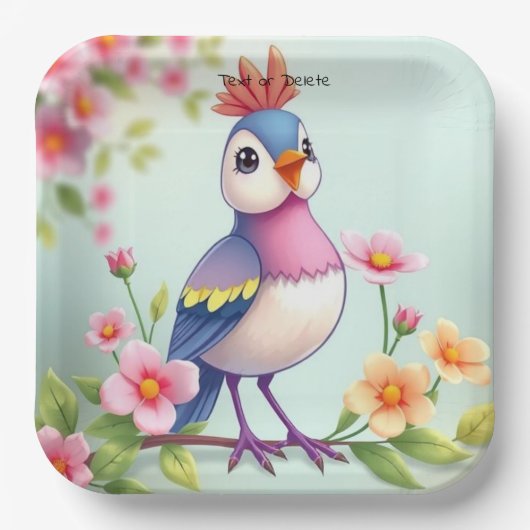 かわいい青いピンクの鳥の花柄紙皿 ペーパープレート (正面)