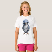 かわいい青いフクロウのキャラクター キッズ Tシャツ (正面フル)