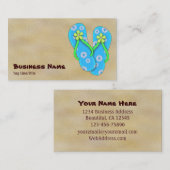 かわいい青いフリップフロップ花付き砂ビーチ 名刺 (正面/裏面)