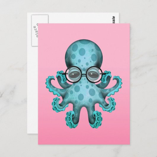 かわいい青いベイビーオクトパスがピンクのメガネをかけている ポストカード (正面/裏面)